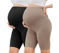 BONVIGOR Buttercloud Maternity Shorts Over The Belly-8" Pregnancy Biker Shorts Women Lounge Yoga Pants, Black/Khaki, M