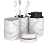 bonVIVO Bathroom Accessories Set - 4-Piece Marble Look Bathroom Set with Soap Dish, Dispenser Pump, Toothbrush Holder & Tumbler - Luxury Bathroom Accessory Set Black/Marble Finish