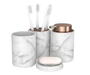 bonVIVO Marmora Bathroom Accessories Set - 4-Piece Marble Look Bathroom Set, Soap Dish, Soap Dispenser Pump, Toothbrush Holder, Tumbler - Luxury Bathroom Set, Elegant Bathroom Essentials Rose Gold