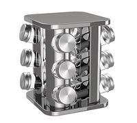 bonVIVO Rotating Spice Rack - Stainless Steel Spice Rack Stand with 12 Glass Spice Jars, Lids & Labels, Chrome Silver Kitchen Organiser, Free Standing Spice Storage for Worktop & Cupboard Use