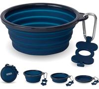 Bonza by Leash Boss Small Collapsible Dog Bowl Twin Pack, Sturdy Reinforced Rim, Includes Carabiner & Water Bottle Holder Keychain, Blue