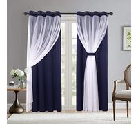 BONZER Grey Blackout Curtains with White Sheer Voile Double-Layered Mix and Match Curtains Grommet Curtains for Living Room, Navy, 52x84 Inch, Set of 2 Panels