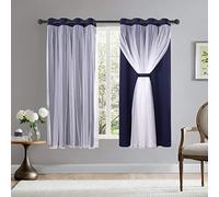 Bonzer White Sheer Tulle Overlay Blackout Curtains Grommet Top Mix and Match Curtains for Bedroom, Navy, 52x63 Inch, Set of 2 Panels
