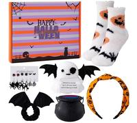 Boo Basket Stuffers for Women, 6Pcs Halloween Gifts Basket with Knitted Dolls, Cauldron Bath Bomb, Socks, Earring, Headband and Hairband, Halloween Gifts Idea for Teens