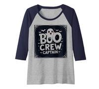 Boo Crew Captain: Spooky Halloween Ghost Squad Leader Raglan Baseball Tee, Women, Navy/Athletic Heather, M