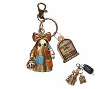 Boo Crew Ghost Halloween Keychain, Vintage Patchwork Ghost Key Chain | Spooky Boo Key Ring with Mini Pumpkin Bucket Tombstone Charm, Halloween Bag and Purse Charms Accessory Daily Handbag Decor