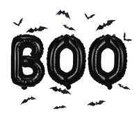 BOO Foil Balloons Set with 3D PVC Bats, Black 16 Inch Halloween BOO Banner Balloon Kit with 12pcs Fake Bats, Boo Mylar Letter Balloons Bunting for Horror Halloween Night Party Decorations Supplies