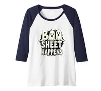 Boo Sheet Happens: Spooky Ghost Trio Halloween Humor Raglan Baseball Tee, Women, Navy/White, M