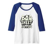 Boo Sheet Happens: Spooky Ghost Trio Halloween Humor Raglan Baseball Tee, Women, Royal Blue/White, S