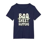Boo Sheet Happens: Spooky Ghost Trio Halloween Humor T-Shirt, Women's Plus, Navy, 3X