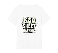 Boo Sheet Happens: Spooky Ghost Trio Halloween Humor T-Shirt, Women's Plus, White, 3X