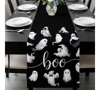 BOO Table Runner 13x108 Inches Long Halloween White Ghost Spooky Texture Black Background Cotton Linen Table Runner Burlap Style for Dinner Table Party Decor Tabletop Decorations