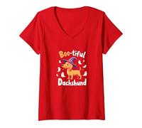 Boo-Tiful Dachshund Halloween Sweatshirt Spooky Dog Lover V-Neck T-Shirt, Women, Red, M