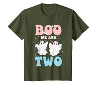 Boo We are Two Cute 2nd Birthday Halloween Ghost for Twins T-Shirt, Youth, Olive Green, Large