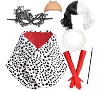 Booaee Cruella Costume Women, Halloween Costume Women's Devil Cosplay Costume 1920s Accessory Set with White Black Scarf Wig Pearl Chains Mask Red Gloves for Halloween Carnival Role Play