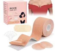 Boob Tape Kit, 5m Boobtapes Roll, Self-Adhesive, Skin Friendly, Sweat Proof, Waterproof, Fits any Dress and Top, 2 Reusable Silicone Nipple Covers, 36 Invisible Body Bra Tape Strips, 10 Satin Petals