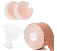 Boob Tape Set with Reusable Silicone Nipple Covers & 40pcs Double-Sided Body Clothing Tape - 25ft Boobytape Breast Lift Tape for Large Breasts, Push Up Boobtapes, Skin-friendly Invisible Tit Tape