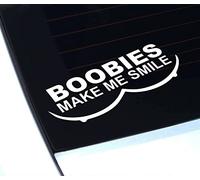 Boobies Make Me Smile Funny Car Sticker Vinyl Decal 200mm | Cheeky adult humour sticker, outdoor-grade waterproof precision-cut vinyl for cars, vans, caravans, windows & bumpers