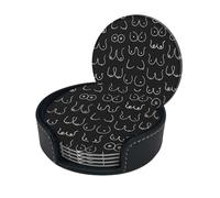 Boobs Pattern Black and White Line Drawing Feminine Art Microfiber Pu Leather Coaster Set of 6 for Drinks with Holder, Cups Place Mats for Home Decor,Round Mat Pad for Cups Mugs