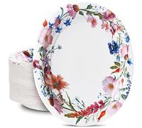 Boocikey 50PCS Floral Oval Paper Plates Party Supplies 10"×12" in Large Oval Dinner Plates Tea Party Plates Bulk for Holiday Bridal Shower Wedding Wildflower Decorations