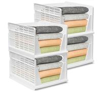 BOODPET Wardrobe Storage Organiser, 4PCS Large Stackable Baskets - 43x33.5x25cm, Plastic Storage Bins for Closet, Home, Office, Laundry, Clothes, Toys, Kitchen