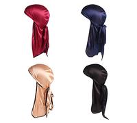 Boodtag 4-Pack Unisex Durag Long-Tail Head Wraps Silky Satin Pirate Cap Hair Loss Chemo Turban Headwraps