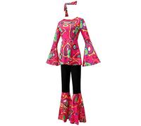 Boodtag Women Disco Dance Fancy Dress 1970s Retro Hippie Costume Include Long Sleeve Top Shirt Bootcut Bell Bottom Pants Bohemian Headband Dancing Queen Outfit