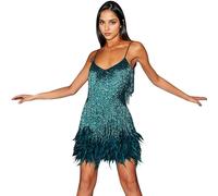 Boodtag Women Tassel Sequin Mini Dress Chic Sleeveless Spaghetti V Neck Flapper Party Dress Vintage Elegant with Feather Hem for Evening Club Cocktail Salsa Dance
