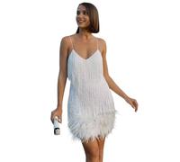 Boodtag Women Tassel Sequin Mini Dress Chic Sleeveless Spaghetti V Neck Flapper Party Dress Vintage Elegant with Feather Hem for Evening Club Cocktail Salsa Dance