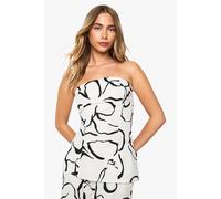 Boohoo Abstract Floral Linen Look Bandeau Top In Cream cream 14