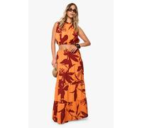 Boohoo Abstract Floral Linen Maxi Skirt In Orange orange 8