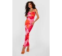 Boohoo Abstract Floral Print Mesh Maxi Slip Dress In Orange orange 16