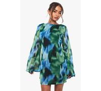 Boohoo Abstract Printed Chiffon Flare Sleeve Mini Dress In Blue blue 12