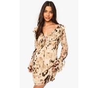 Boohoo Animal Printed Chiffon Ruffle Shift Dress In Brown brown 10