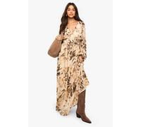 boohoo Women's Animal Printed Chiffon Volume Sleeve Ruched Waist Maxi Dress in Brown | Size: 10