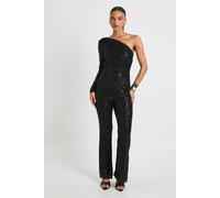 boohoo Women's Asymmetric Sequin Wide Leg Jumpsuit in Black | Size: 12