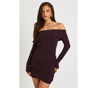 Boohoo Bardot Drape Detail Long Sleeve Mini Dress In Chocolate chocolate 16