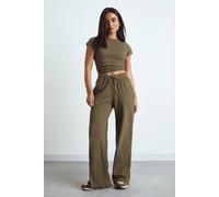 Boohoo Basic Rib Wide Leg Trouser In Khaki khaki 14