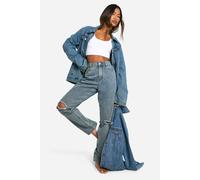 boohoo Women's Basics High Waisted Ripped Knee Straight Leg Jeans In Washed Blue | Size: 14/32L
