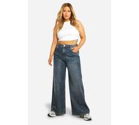 Boohoo Basics Plus High Waisted Super Wide Leg Jeans In Vintage Blue vintage blue 18