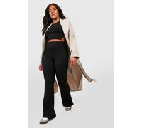 Boohoo Basics Plus Ribbed High Waisted Flare Trousers In Black black 24