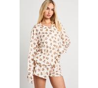 Boohoo Bear Print Long Sleeve Shirt & Shorts Pyjama Set In White white 14