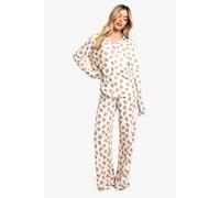 Boohoo Bear Print Long Sleeve Shirt & Trousers Pyjama Set In Brown brown 12