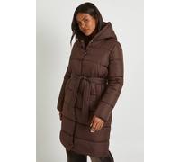 boohoo Women's Belted Longline Puffer Jacket in Chocolate | Size: 14