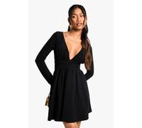 Boohoo Bengaline And Slinky Mix Plunge Mini Dress In Black black 12