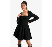 Boohoo Bengaline Corset Long Sleeve Skater Dress In Black black 12