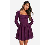 Boohoo Bengaline Corset Long Sleeve Skater Dress In Plum plum 18