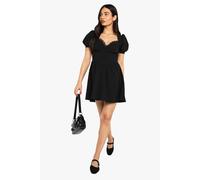 boohoo Women's Bengaline Lace Trim Puff Sleeve Milkmaid Dress in Black | Size: 10