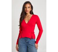 Boohoo Bengaline Plunge Front Long Sleeve Bow Detail Top In Red red 8