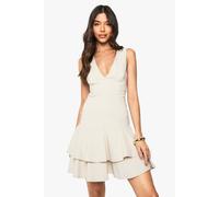 Boohoo Bengaline Plunge Ruffle Hem Shift Mini Dress In Stone stone 8